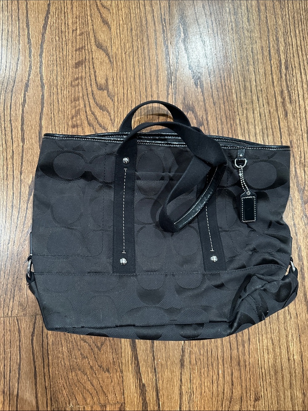 Coach Black Signature Jacquard Tote with Tag Charm